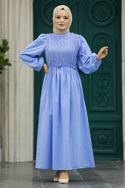 Neva Style - Rochie Hijab Albastră cu Detaliu Dantela 5857m