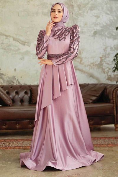 Neva Style Beaded Lilac Satin Hijab Evening Dress 22671Lıla