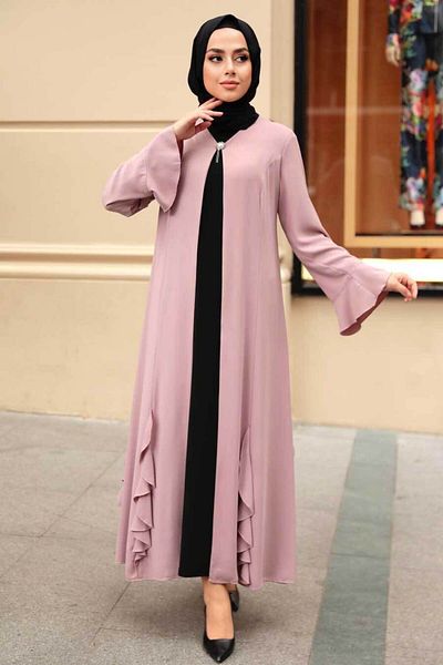 Neva Style Ruffle Detailed Powder Hijab Abaya 1535Pd