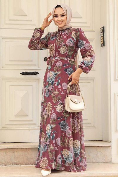 Neva Style Floral Patterned Dark Rose Hijab Dress 279083 Kgk