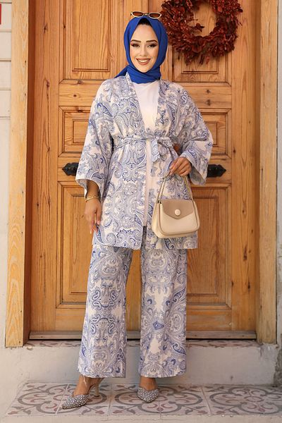 Neva Style طقم كيمونو حجاب منقوش باللون الأزرق النيلي - 12122IM