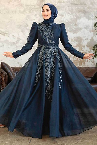 Neva Style Bead Embroidered Navy Blue Satin Hijab Evening Dress 2268L