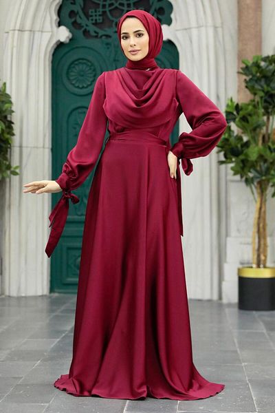 Neva Style Rochie de seara cu hijab - Rochie de seara musulmana din satin burgundy 38031br