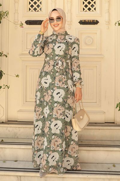 Neva Style فستان حجاب كاكي منقوش بالزهور 27939hk