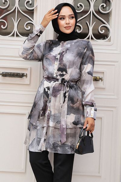 Neva Style - Tunica Hijab Gri cu Motiv 21101gr