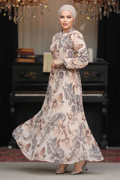 Neva Style Floral Patterned Beige Hijab Dress 50355BEIGE