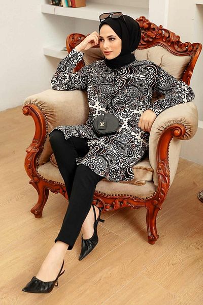 Neva Style - Tunica din viscoza Hijab neagra cu model 11524s