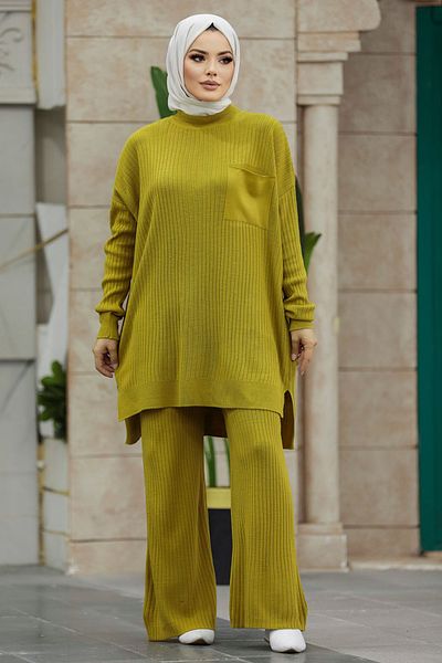 Neva Style طقم تريكو حجاب أخضر زيتي مكون من قطعتين 34060YY