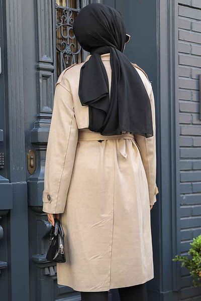 Neva Style Trenci Hijab din piele intoarsa bej - Curea, Model 72091BEJ