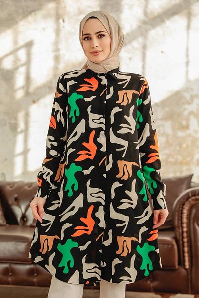 Neva Style تونيك فيسكوز أسود منقوش 11626s