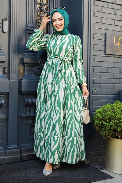 Neva Style Φόρεμα Hijab με πράσινο σχέδιο - 23141Y