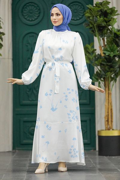 Neva Style - Rochie Hijab Albastră cu Motiv Floral 5901m