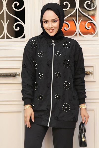 Neva Style Black Laced Hijab Jacket - 20003S