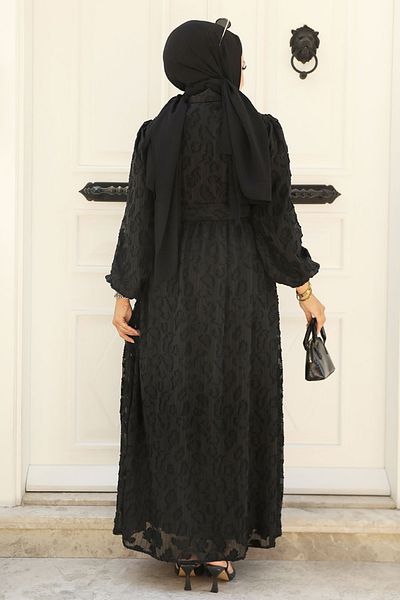 Neva Style فستان حجاب أسود منقوش 14012s