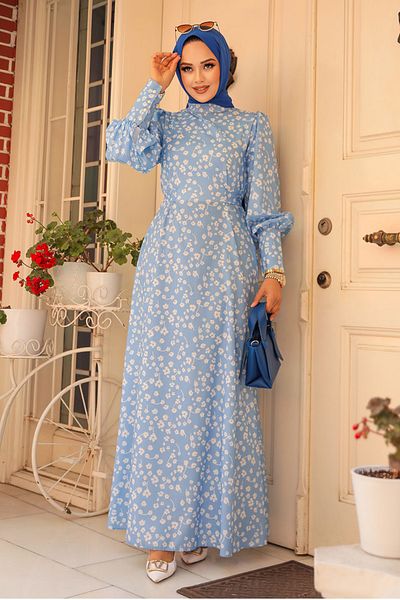 Neva Style Floral Patterned Baby Blue Hijab Dress 61091Bm