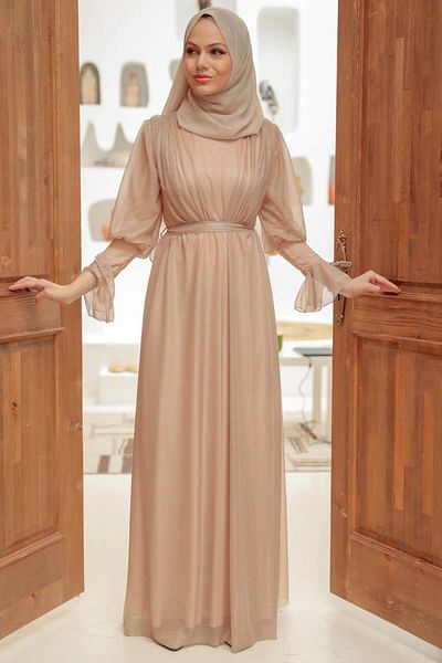 Neva Style Rochie de seara Hijab Biscuit cu sclipici 5367bs