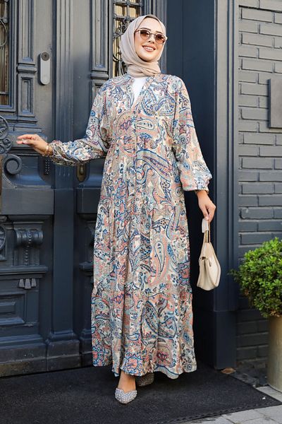 N.S NEVA STYLE Φόρεμα Μπεζ Μοτίβο Hijab 23585BEJ