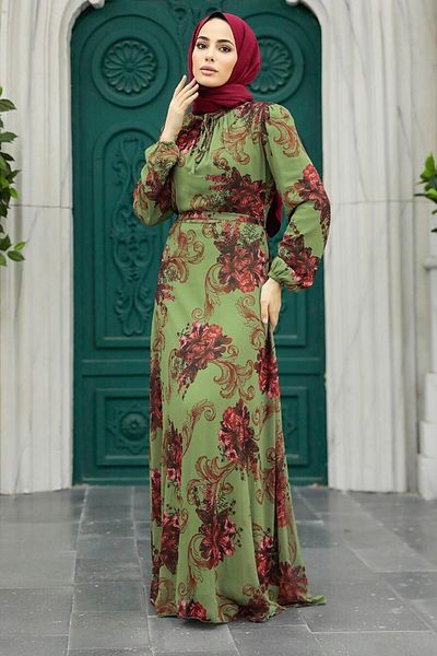 Neva Style Rochie hijab kaki cu modele florale 27921hk