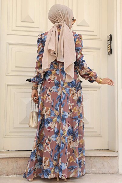 Neva Style Светлокафява хиджаб рокля с флорални шарки 27941tb