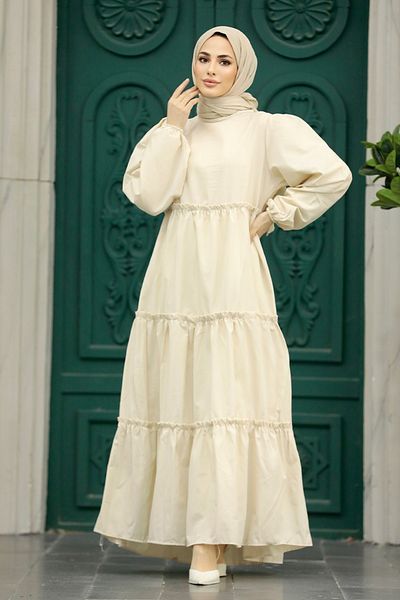 Neva Style Rochie din poplin hijab crem pliată 57342kr