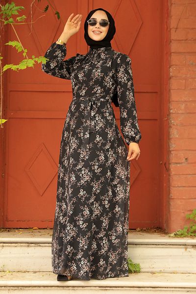 Neva Style Rochie neagră cu hijab cu modele florale 279047 s