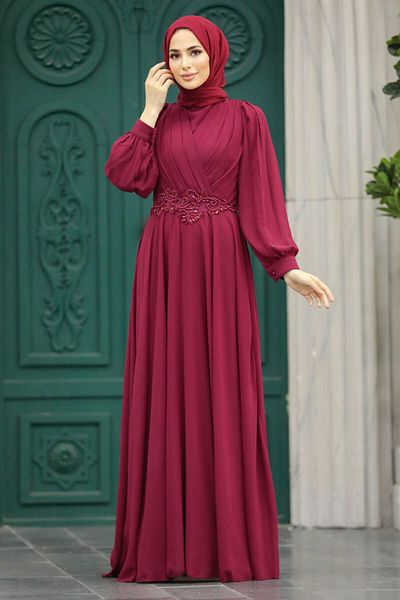 Neva Style Rochie de seara musulmana burgundy cu detaliu din dantela 3435br
