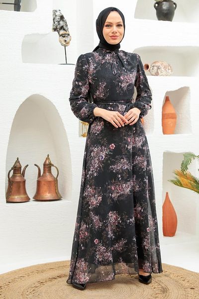 Neva Style - Rochie Hijab Neagră cu Motiv Floral 279036 s