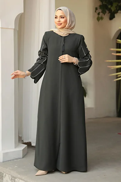 Neva Style Σκούρο Βενζίνη Πράσινο Κεντημένο Hijab Abaya - 2634KPY