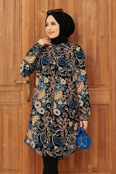 Neva Style Tunica din viscoza hijab neagra cu model 11557s