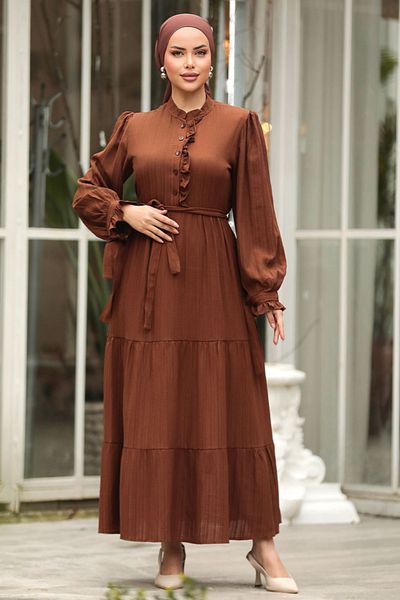 Neva Style Kat Pleated Brown Hijab Dress 617Kh