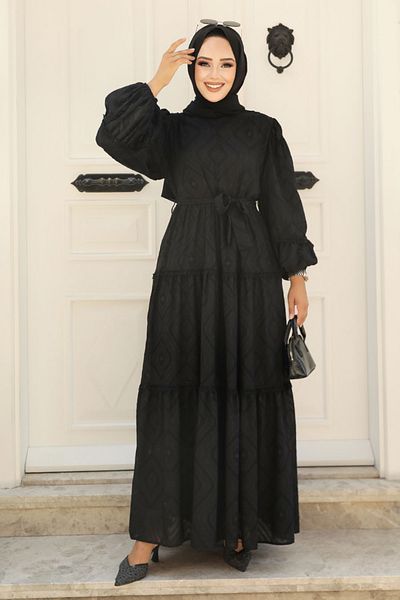Neva Style - فستان حجاب أسود بحزام 14131s