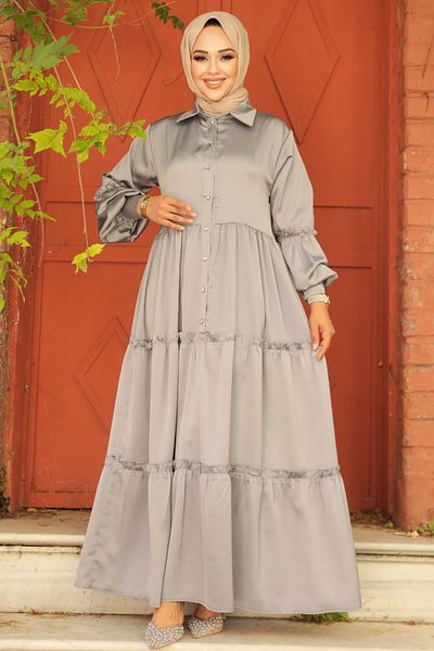 Neva Style - Rochie Hijab Gri Pliata 5884gr