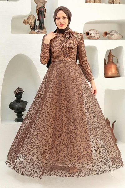 Neva Style Lacy Brown Hijab Evening Dress 22421Kh