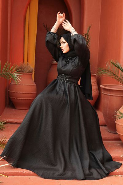 Neva Style Balloon Sleeve Black Hijab Evening Dress 45581S
