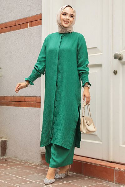 Neva Style طقم حجاب أخضر بأزرار مزدوجة - 12591Y