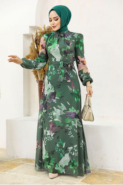 Neva Style Rochie hijab kaki cu modele florale 27942hk