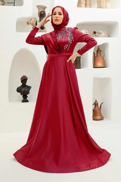Neva Style Rochie de seara musulmana burgundy brodata cu margele 22441br