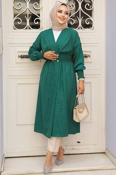 Neva Style Σμαραγδένιο Πράσινο Καπάκι Hijab με κουμπί - 11872ZY