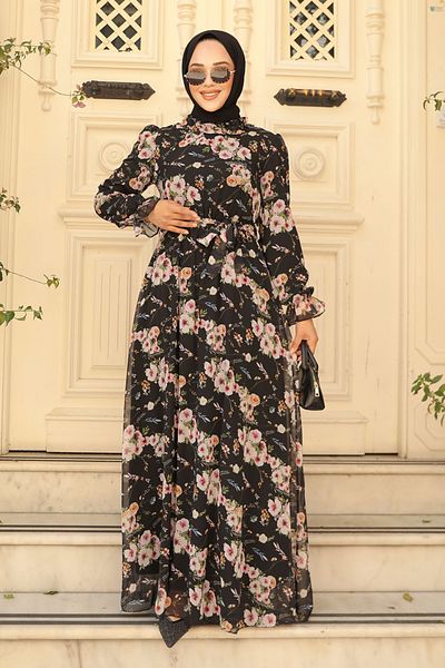 Neva Style Rochie neagră cu hijab cu modele florale 29711s