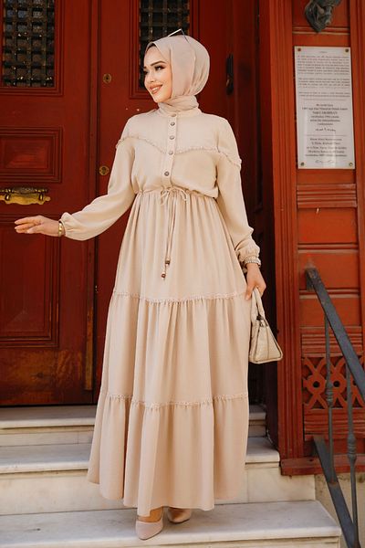 Neva Style Rochie Hijab Bej cu nasturi 63250bej