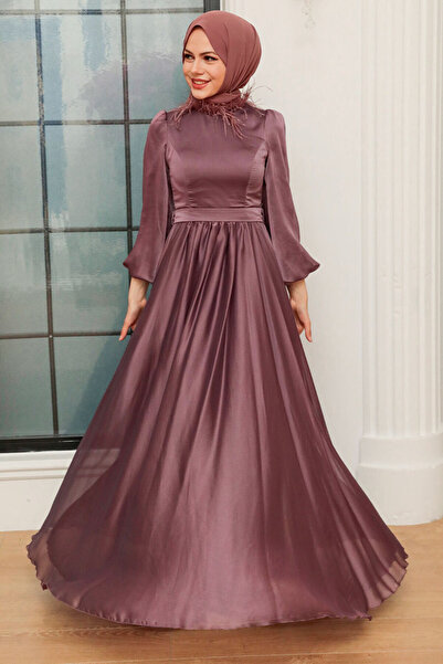 Neva Style Dark Dusty Rose Hijab Evening Dress with Feather Detail on the Collar 21330Kgk