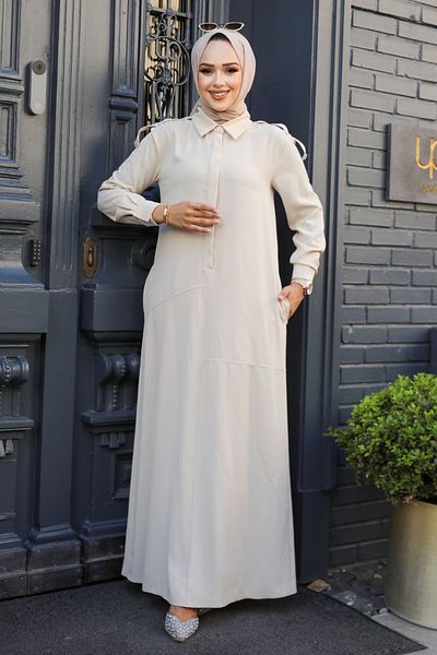 Neva Style Rochie Hijab Bej - Detaliu Nasturi, Model 12501BEJ
