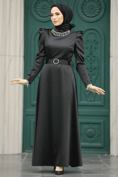 Neva Style - Rochie de hijab neagră din satin cu centură 7725s