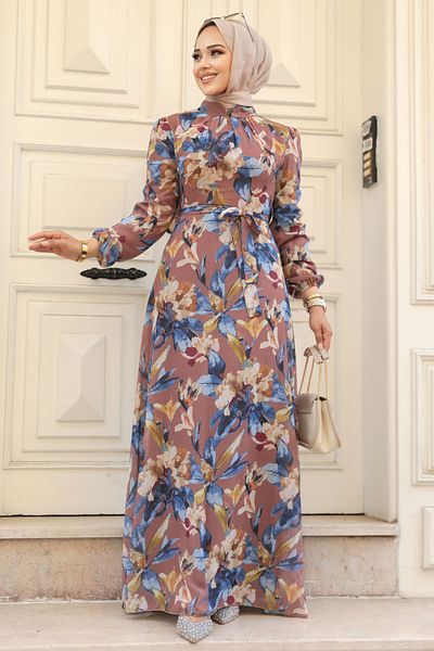 Neva Style Φόρεμα Hijab Tan με Floral Pattern 27941tb