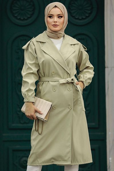 Neva Style Κουμπιά Ανοιχτό Χακί Hijab Trench Coat 647ahk