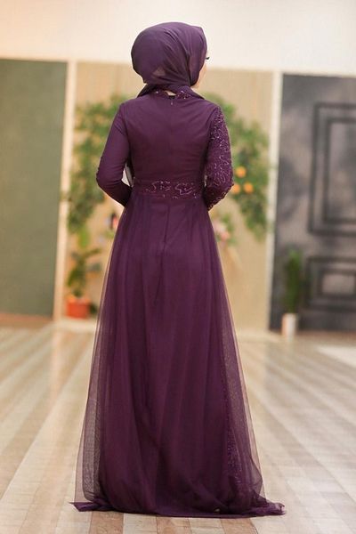 Neva Style Rochie de seara Hijab - Paiete Paiete Prune Rochie de seara Hijab 5345mu