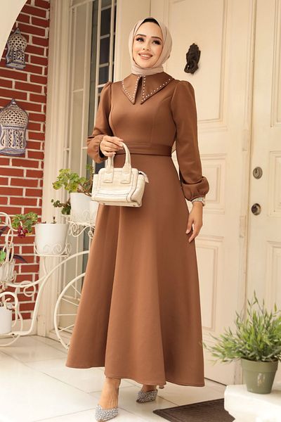 Neva Style Καφέ Φόρεμα Hijab - Βρεφικός γιακάς, Μοντέλο No: 23123KH
