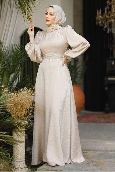 Neva Style Rochie de seară hijab bej cu detaliu de mărgele 23301bej