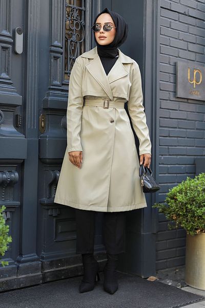 Neva Style Light Khaki Hijab Trench Coat with Buckle Belt 59371Ahk