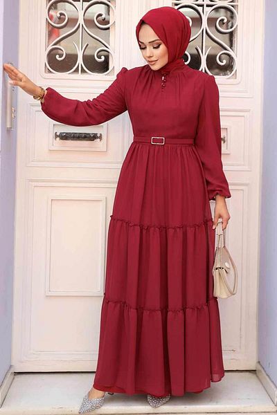Neva Style - Rochie Hijab Burgundy cu pliuri 57250br
